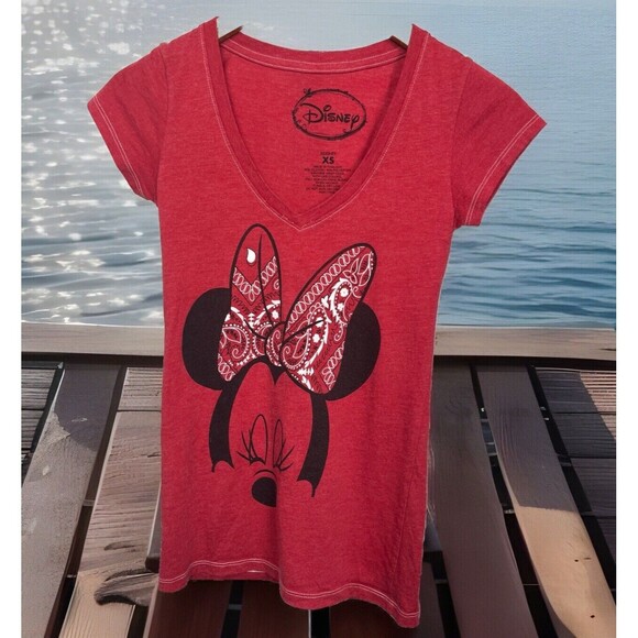 Disney Top T Shirt Minnie Mouse Short Sleeve V Neck Stretch Cotton Red XS - Picture 2 of 4